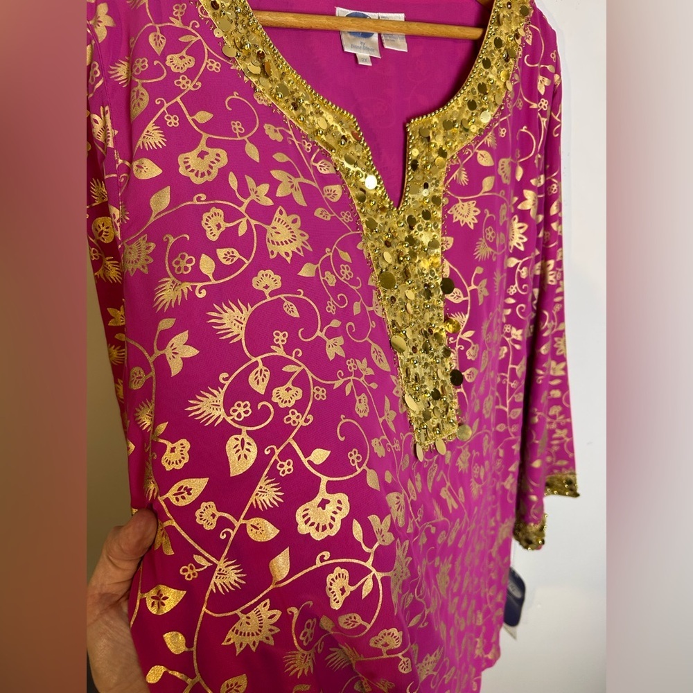 NWT VTG Diane Gilman Fuchsia and Gold Floral Tunic Beaded Blouse Size 2X Floral - Picture 14 of 16